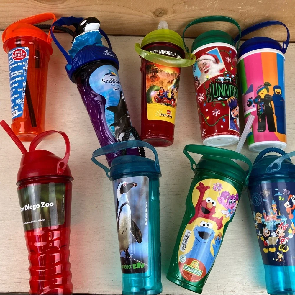 Assorted Lot of 9 Theme Park & Zoo Kids Sipper Cups - Multi-Color Collectable